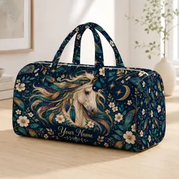 Golden Horse with Teal Feather Mane for Bohemian Travel and Relaxed Weekend Getaways Quilted Weekend Bag