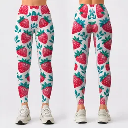 Bright Strawberry and Teal Leaf Motifs for Yoga, Pilates and Everyday Summer Style Leggings