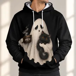 Ghost Hugging Black Cat with Coffee Mug for Cozy Halloween Nights and Fall Gatherings All-over Print Hoodie (Lightweight)