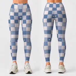 Blue White Checkered Gingham for Yoga Pilates and Everyday Activewear Style Leggings
