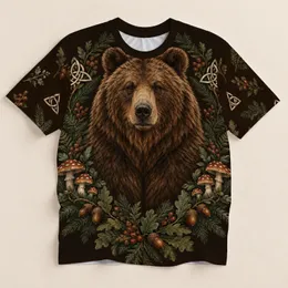 Brown Bear Mushroom Woodland Scene for Cozy Autumn Nature Lovers and Forest Fans All-over Print Unisex T-shirt