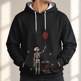 Skeleton With Red Balloon and Rose for Whimsical Halloween Nights All-over Print Hoodie (Lightweight)