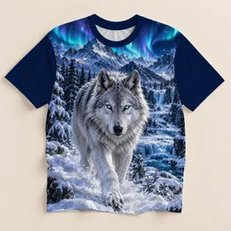A realistic silver-white wolf in a snowy mountain forest beneath a turquoise and violet aurora. All-over Print Unisex T-shirt