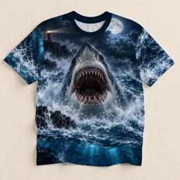 Open-Jawed Shark and Moonlit Lighthouse for Dramatic Coastal Nighttime Adventures All-over Print Unisex T-shirt