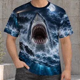 Open-Jawed Shark and Moonlit Lighthouse for Dramatic Coastal Nighttime Adventures All-over Print Unisex T-shirt