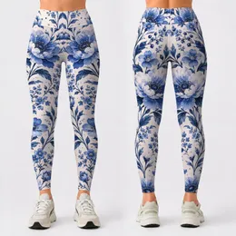 Blue White Wildflower Blooms for Yoga Pilates and Everyday Wear Leggings