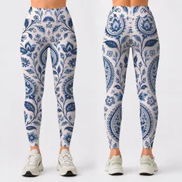 Blue White Paisley Motifs for Yoga, Pilates and Everyday Outings Leggings