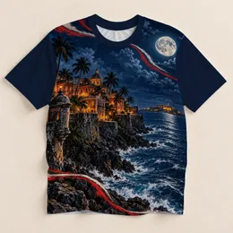 Moonlit Tropical Coastal Cityscape for Relaxed Summer Evenings by the Seaside All-over Print Unisex T-shirt