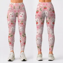Cute White Cat and Strawberry Motifs for Yoga, Pilates, and Everyday Casual Wear Leggings