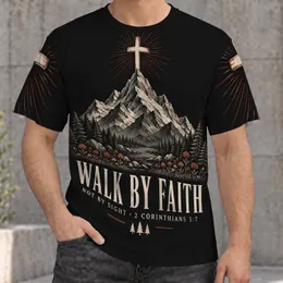 Mountain Faith Cross and Forest Scene for Outdoor Devotion and Everyday Casual Wear All-over Print Unisex T-shirt