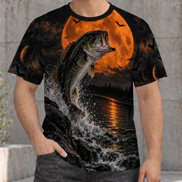 Leaping Bass Under an Orange Harvest Moon for Night Fishing and Outdoor Adventure All-over Print Unisex T-shirt