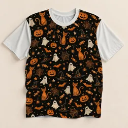 Halloween Cat, Pumpkin and Ghost Motifs for Spooky Season Casual Everyday Wear All-over Print Unisex T-shirt