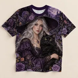 Witch and Black Cat Among Purple Roses for Halloween, Women's Gothic Style All-over Print Unisex T-shirt
