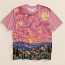 Pink Swirling Starry Sky and Tuscan Village for Art Lovers and Creative Getaways All-over Print Unisex T-shirt