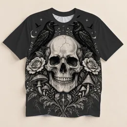 Gothic Skull with Crows, Roses and Mushrooms for Moody Autumn Nights and Alt Style All-over Print Unisex T-shirt
