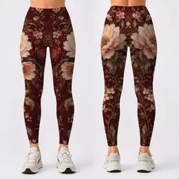 Burgundy Vintage Botanical Florals for Relaxed Vacation Style and Everyday Living Leggings