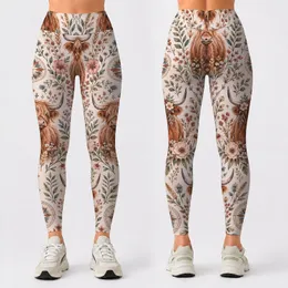 Highland Cow and Wildflower Bohemian Motifs for Cozy Weekends and Festival Style Leggings