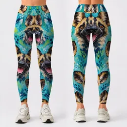 Playful Wild Dog Faces In Turquoise For Bright Summer Days And Casual Outings Leggings