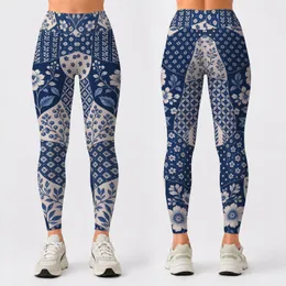 Navy Ivory Floral And Geometric Patchwork For Relaxed Weekend Style And Travel Wear Leggings