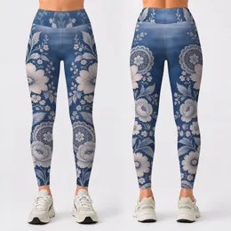 Vintage Blue Denim-Inspired Florals for Elegant Casual Outings and Everyday Bohemian Style Leggings