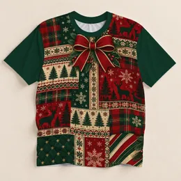 Red Green Holiday Patchwork with Bow and Reindeer for Christmas Party Style All-over Print Unisex T-shirt