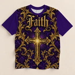 Purple Golden Cross Faith and Baroque Scrollwork for Worship and Christian Devotion All-over Print Unisex T-shirt