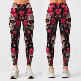 Pink Sugar Skull Hearts and Bows for Gothic Festivals and Everyday Alternative Style Leggings