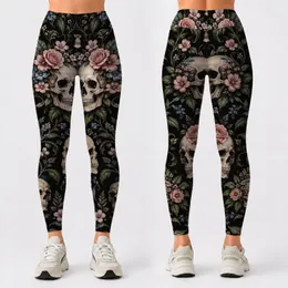 Ivory Skull And Blue Floral Motifs For Casual Gothic Style And Everyday Wear Leggings