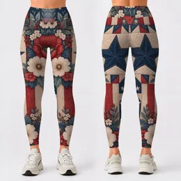 Vintage Americana Stars And Flowers For Fourth Of July Garden Celebrations Leggings