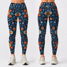 Navy Teal Folk Floral Motifs For Boho Travel, Yoga, And Everyday Casual Style Leggings