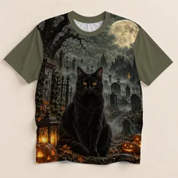Moonlit Black Cat Cemetery Scene for Halloween Nights and Autumn Gatherings, Unisex All-over Print Unisex T-shirt