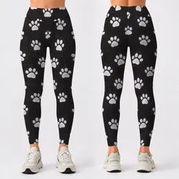 White Paw Motifs on Charcoal for Everyday Pet Lover Adventures and Spring Outings Leggings