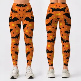 Orange And Charcoal Bat Motifs With Golden Dots For Halloween Parties And Autumn Nights Leggings