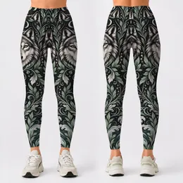 Monochrome Wolf Portraits And Botanical Scrollwork For Relaxed Coastal Weekend Adventures Leggings