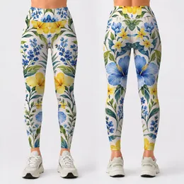 Blue Yellow Botanical Flowers for Coastal Getaways and Sunny Beach Days Leggings