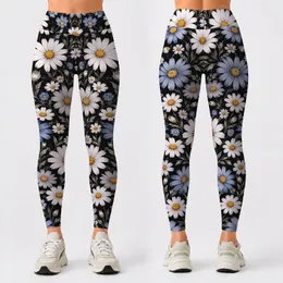 White And Blue Daisies On Charcoal For Yoga, Pilates And Everyday Outings Leggings
