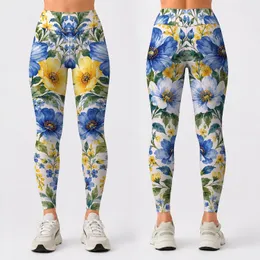 Blue Yellow Wildflowers for Sunny Yoga Days and Weekend Walks for Nature Lovers Leggings
