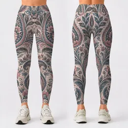 Dusty Rose And Slate Blue Paisley Motifs For Pilates And Everyday Wear Leggings