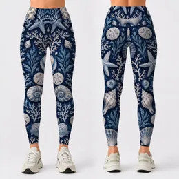 Navy Coastal Seashells, Starfish and Coral for Beach Days, Summer Travel and Ocean Lovers Leggings