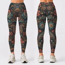 Teal Coral Paisley Floral Motifs for Yoga, Pilates, Travel and Everyday Activewear Style Leggings