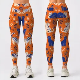 Playful Blue And Cream Cats On Tangerine For Yoga Sessions And Everyday Activewear Leggings