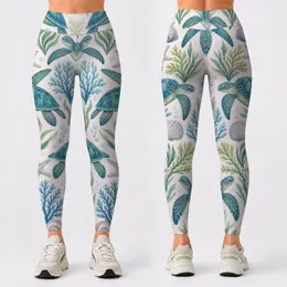 Teal Sea Turtles And Coastal Shells For Ocean-Loving Yoga And Beachside Adventures Leggings