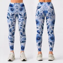 Blue Watercolor Floral Blooms for Yoga, Running, and Everyday Fitness Wear Style Leggings