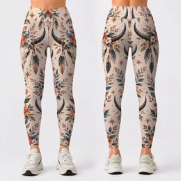 Western Longhorn Skull And Coral Flowers For Country Concerts And Ranch Style Leggings