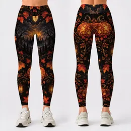 Gothic Pumpkins, Crescent Moon and Haunted Castle for Autumn Halloween Celebrations Leggings