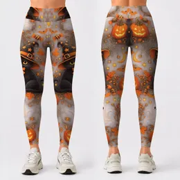 Halloween Cat Witch Hat Spider Webs and Candy for Spooky October Celebrations and Parties Leggings