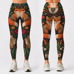 Colorful Woodland Foxes, Owls And Wildflowers For Autumn Nature Walks And Travel Leggings