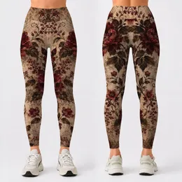 Burgundy Botanical Vines on Aged Parchment for Romantic Autumn Wardrobe Styling Leggings