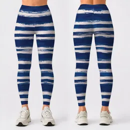 Navy Brushstroke Stripes for Coastal Runs and Studio Sessions for Active Women Leggings