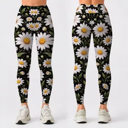 White Daisy Blooms on Midnight Black for Spring Workouts and Everyday Wear for Women Leggings